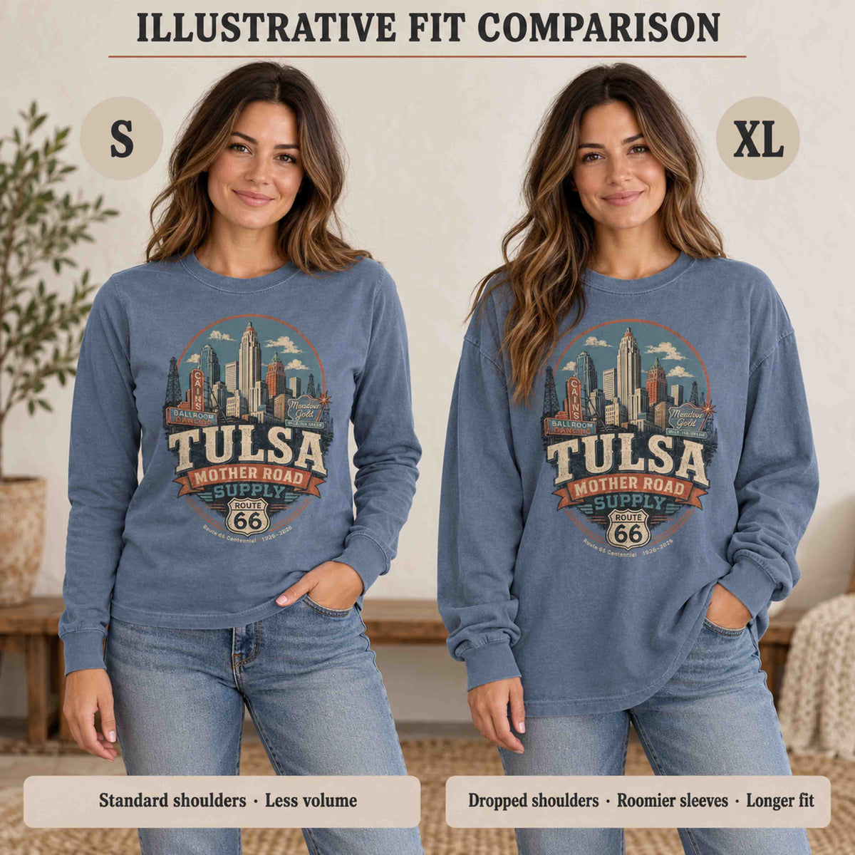 Illustrative S versus XL fit comparison of the Blue Jean Tulsa long sleeve tee on a woman, showing shoulder, sleeve and length differences.
