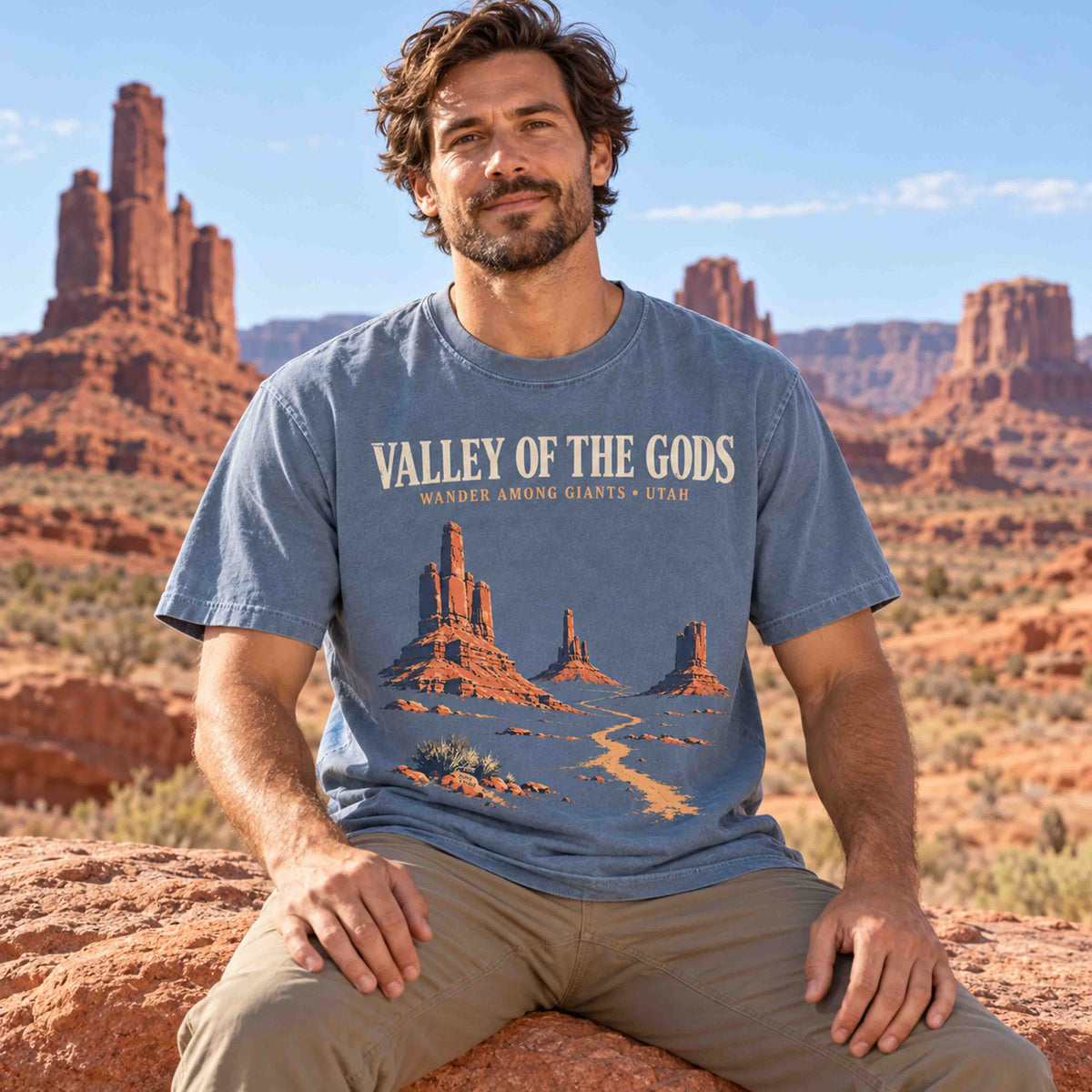 Man seated on sandstone wearing a Blue Jean Valley of the Gods Utah graphic T-shirt.