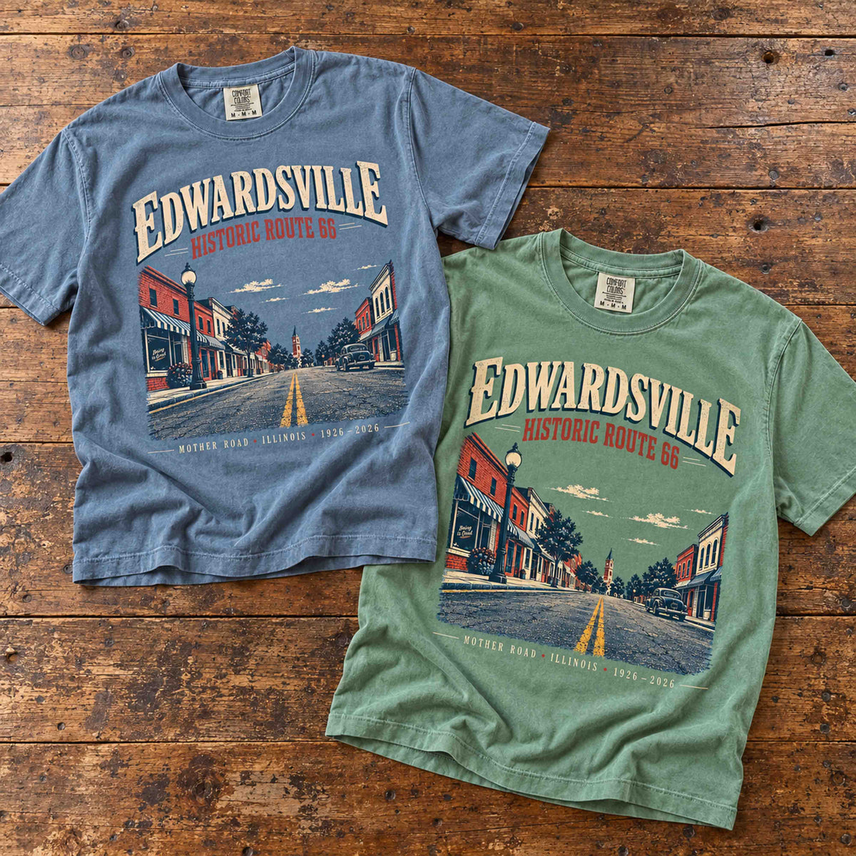 Blue Jean and Light Green Edwardsville Historic Route 66 graphic tees shown together