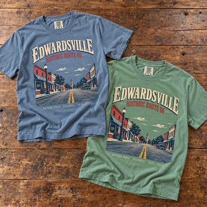 Blue Jean and Light Green Edwardsville Historic Route 66 graphic tees shown together