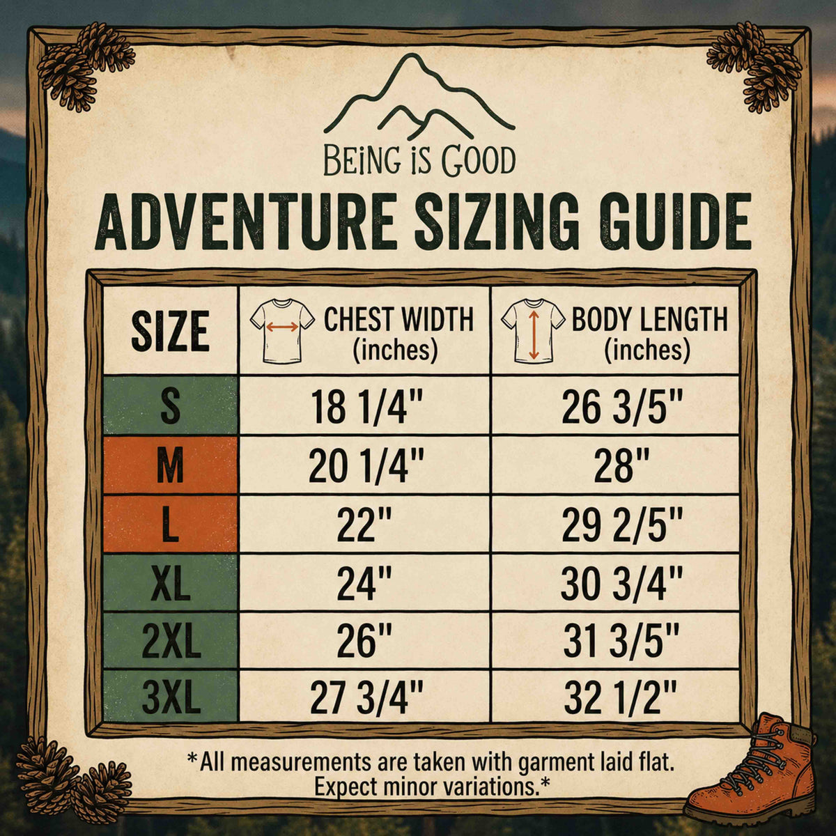 Being is Good Comfort Colors 1717 size chart with chest width and body length measurements in inches for sizes S through 3XL.