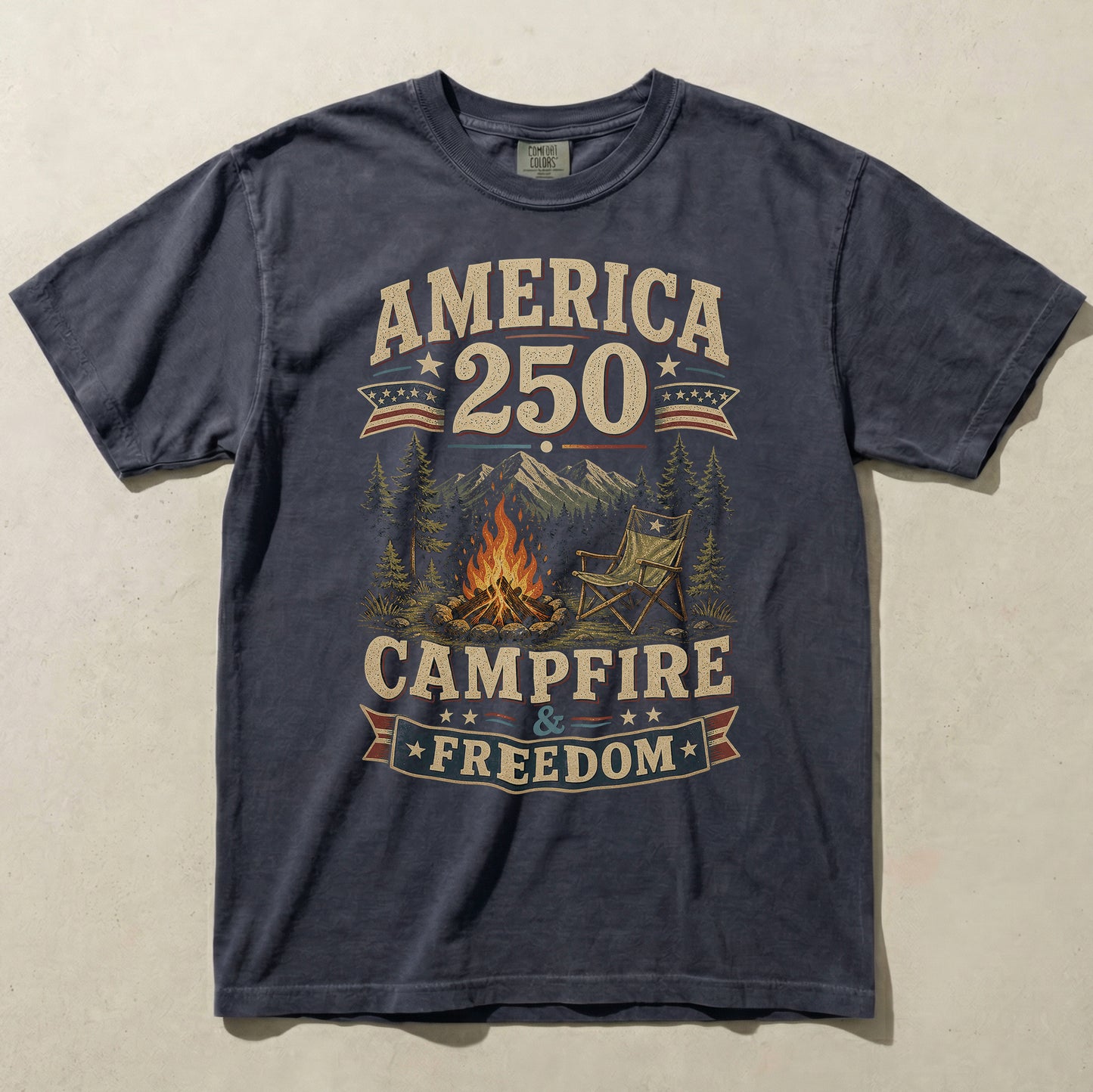 America 250 Campfire & Freedom Graphic Tee - Vintage Camping Patriotic Shirt