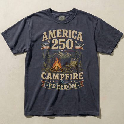 America 250 Campfire & Freedom Graphic Tee - Vintage Camping Patriotic Shirt