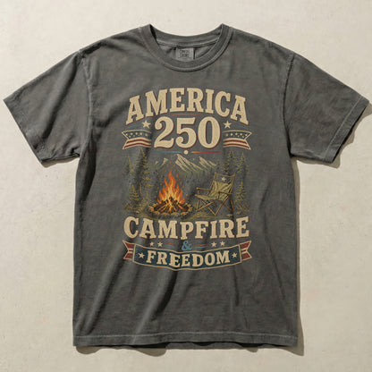 America 250 Campfire & Freedom Graphic Tee - Vintage Camping Patriotic Shirt