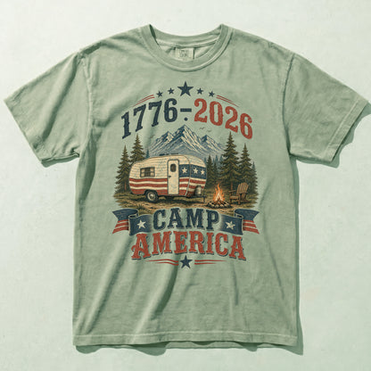 Camp America 250 Graphic Tee, Vintage Patriotic Camping Shirt