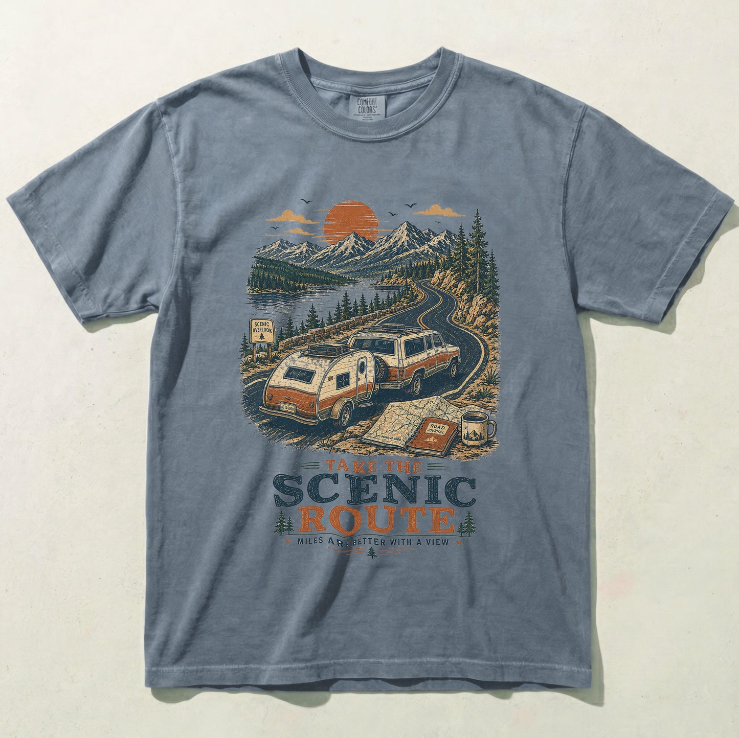 Blue Jean Take the Scenic Route camping graphic tee flat lay