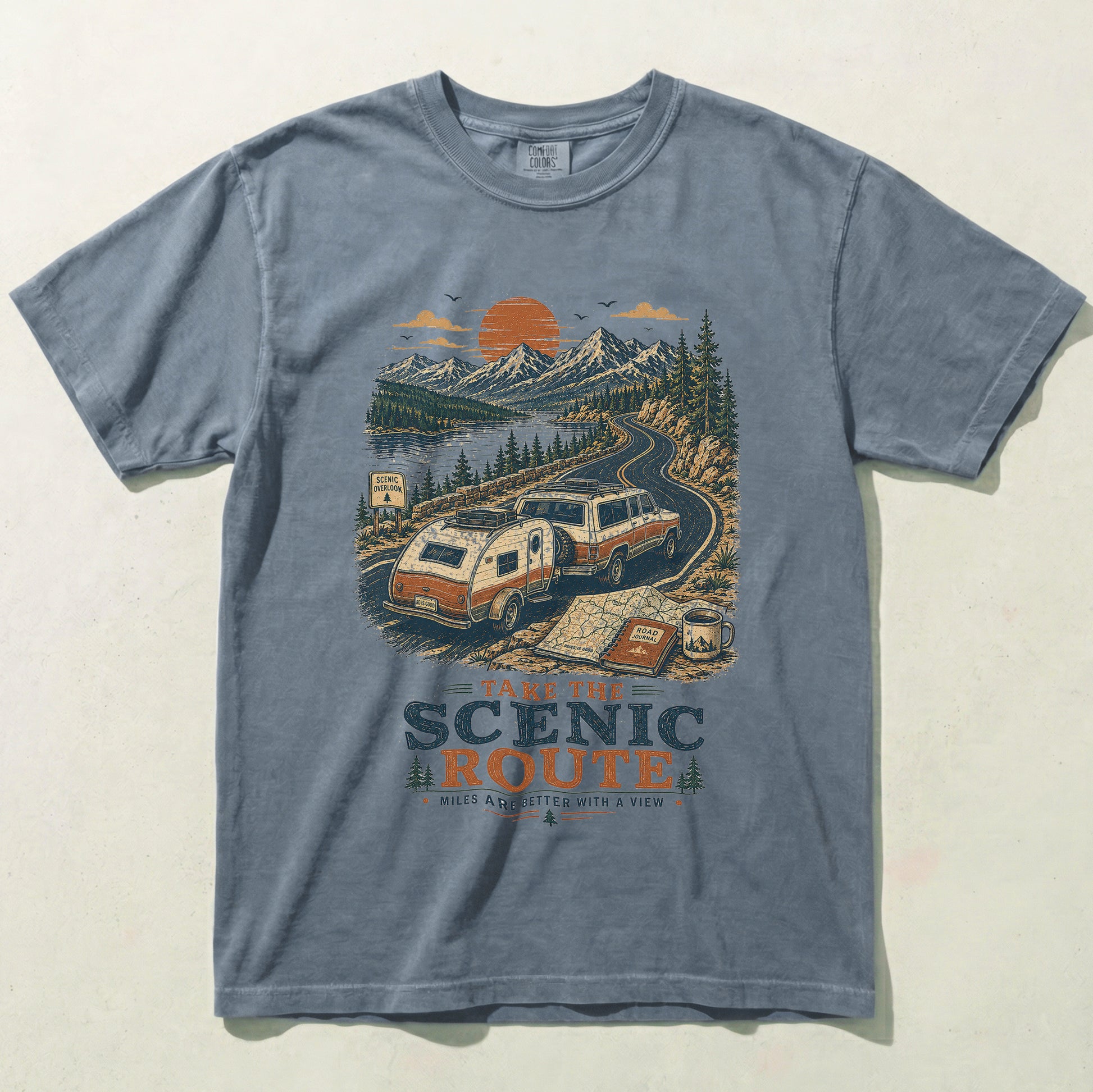 Blue Jean Take the Scenic Route camping graphic tee flat lay