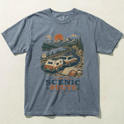 Blue Jean Take the Scenic Route camping graphic tee flat lay