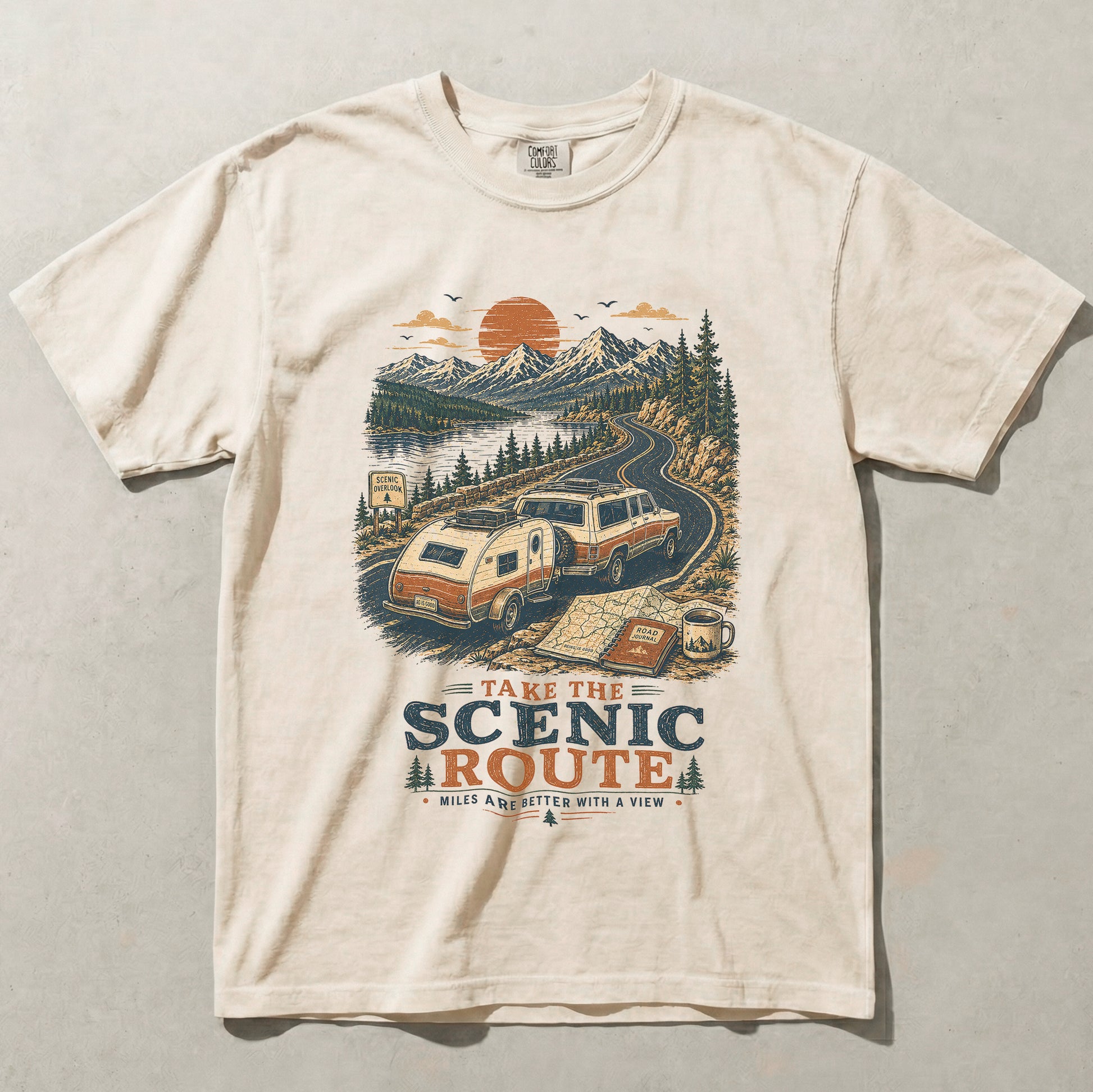 Ivory Take the Scenic Route camping graphic tee flat lay