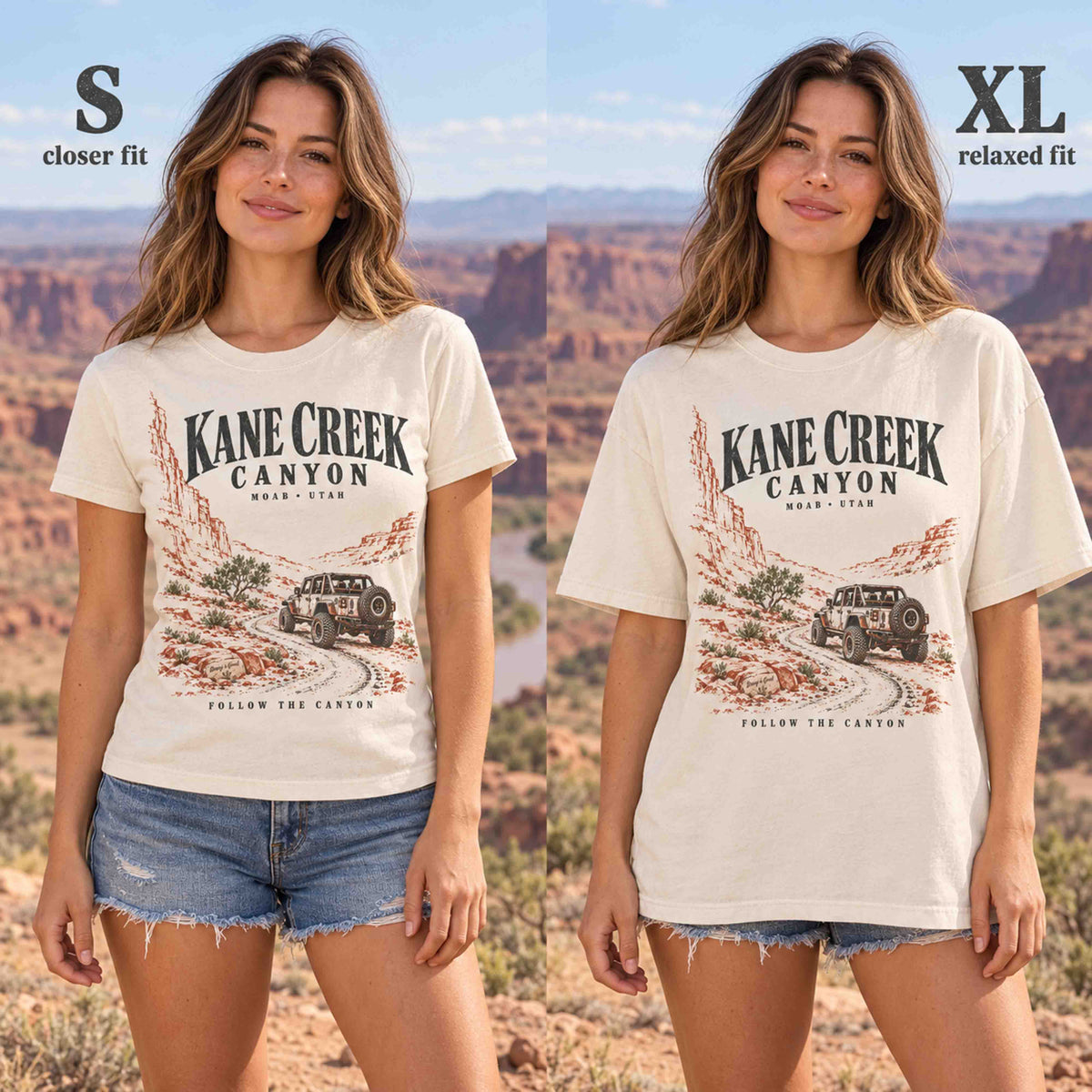 Same model showing the Ivory Kane Creek Canyon tee in sizes S and XL.