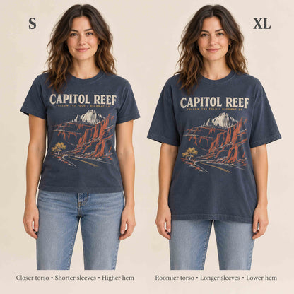 Capitol Reef graphic t-shirt size comparison showing relaxed unisex fit in Small and XL.