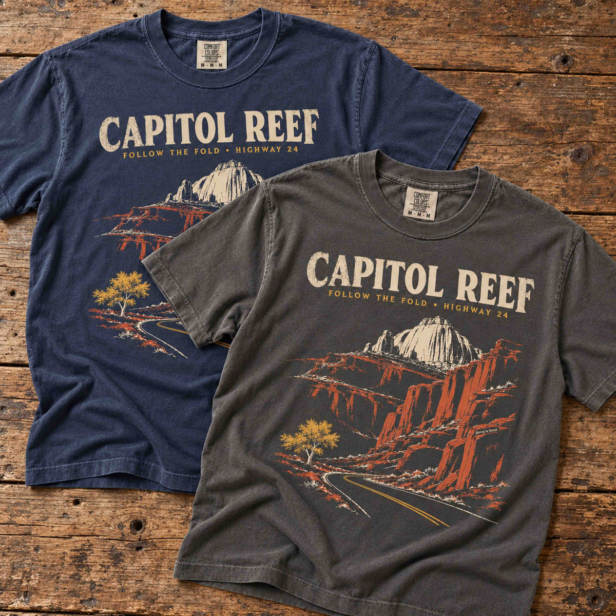 Navy and Pepper Capitol Reef National Park graphic t-shirts featuring Follow the Fold Highway 24 artwork.