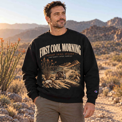 Champion First Cool Morning Desert Trail graphic sweatshirt in a rugged desert trail setting
