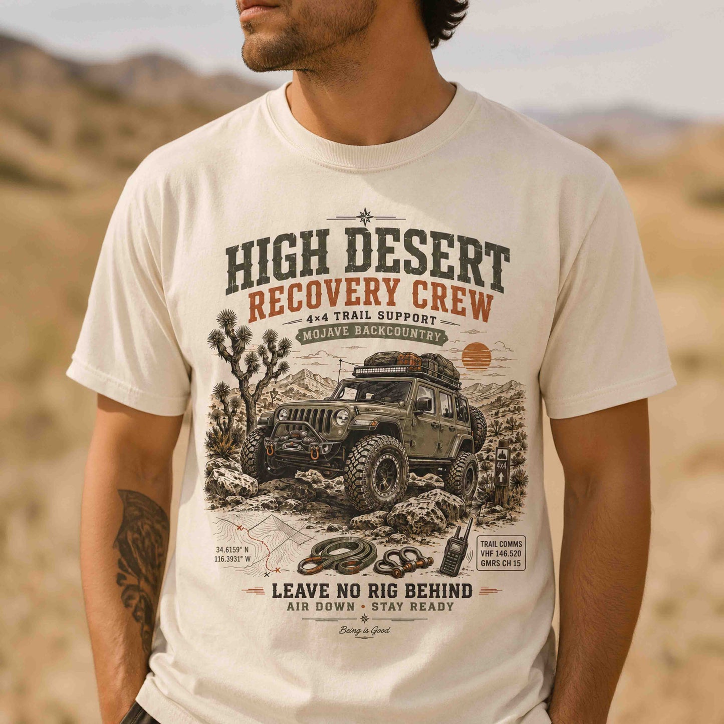 Close-up of High Desert Recovery Crew vintage 4x4 trail graphic printed on an Ivory shirt