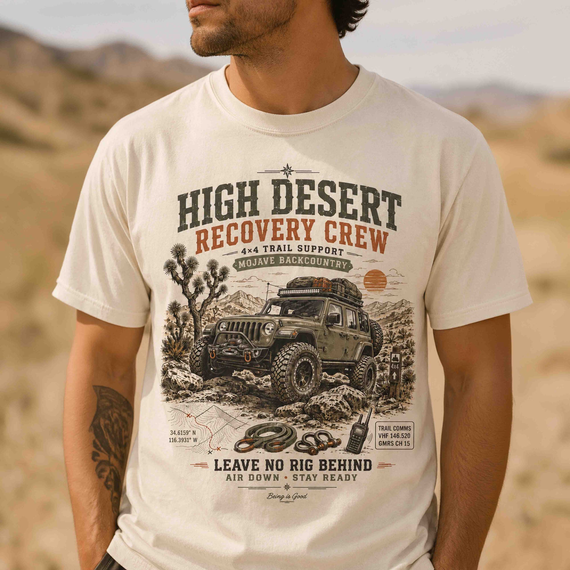 Close-up of High Desert Recovery Crew vintage 4x4 trail graphic printed on an Ivory shirt