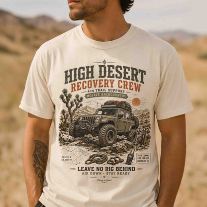 Close-up of High Desert Recovery Crew vintage 4x4 trail graphic printed on an Ivory shirt