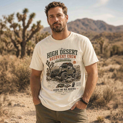 Man wearing an Ivory High Desert Recovery Crew 4x4 graphic T-shirt in the Mojave Desert