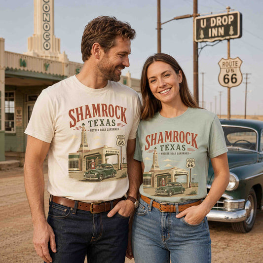 Shamrock Texas Route 66 graphic tees in Bay and Ivory worn by couple