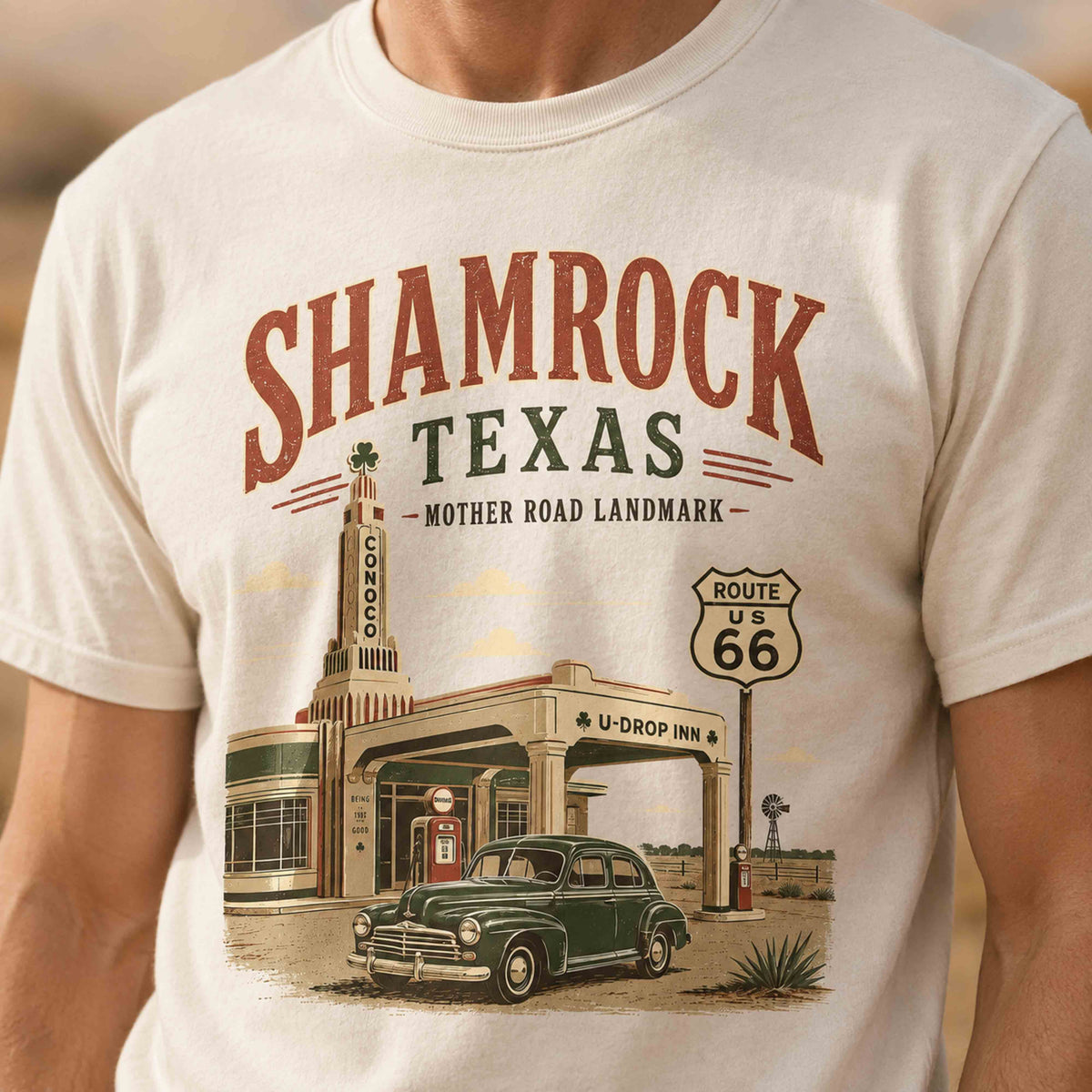 Shamrock Texas Route 66 graphic tee lifestyle photograph