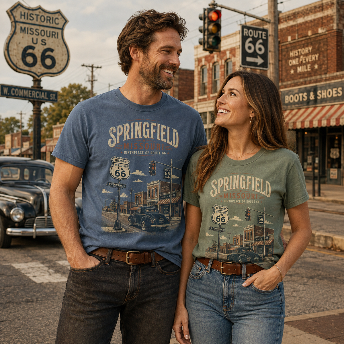 Springfield Missouri Route 66 graphic tee worn by man in historic roadside setting