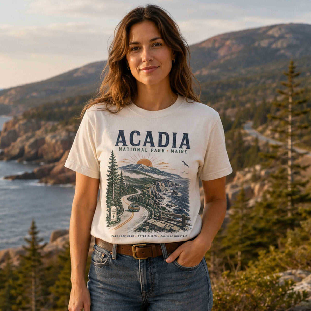 Acadia National Park Scenic Drive graphic tee worn by couple outdoors in Maine