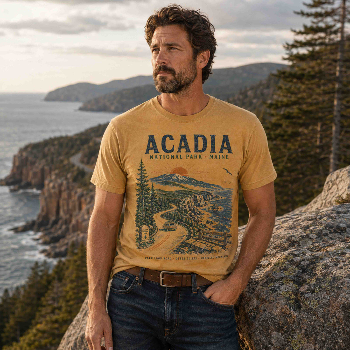 Acadia National Park Scenic Drive vintage graphic tee lifestyle mockup