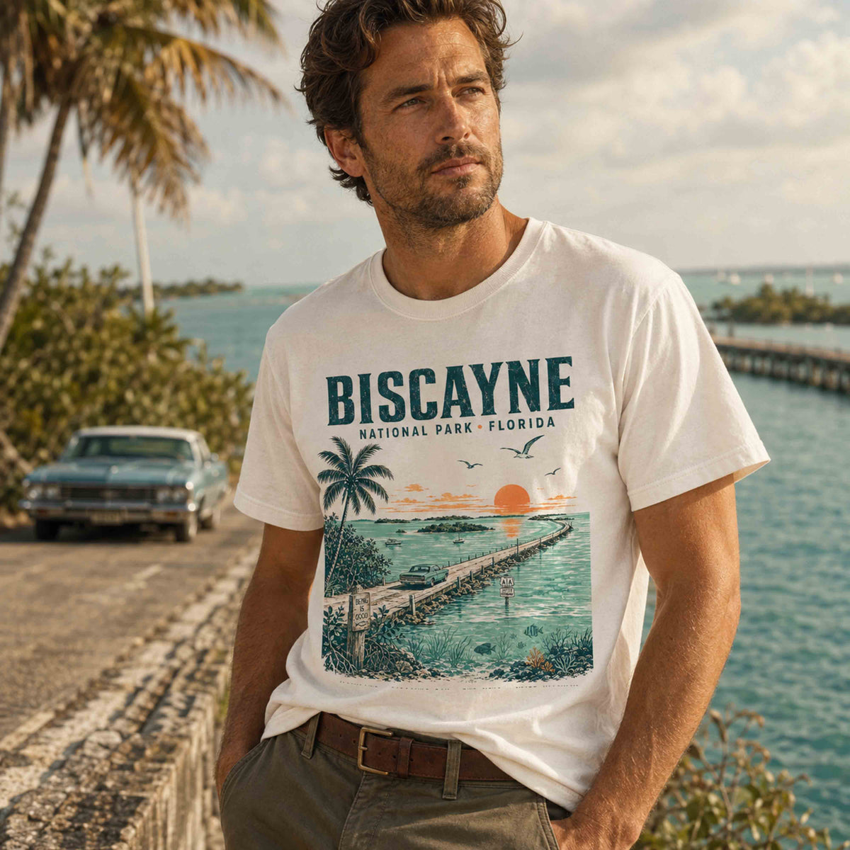 Biscayne National Park Florida Keys graphic tee worn by couple in a coastal lifestyle setting