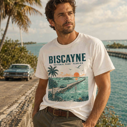 Biscayne National Park Florida Keys graphic tee worn by couple in a coastal lifestyle setting