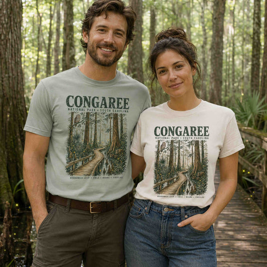 Congaree National Park South Carolina graphic tee worn by female model in the forest