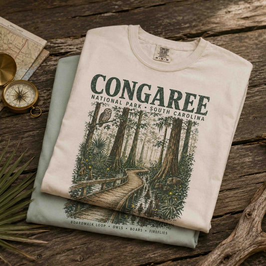 Congaree National Park South Carolina graphic tee folded product view with vintage artwork