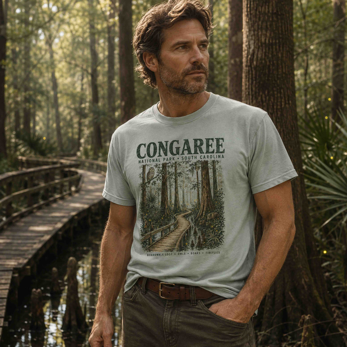 Congaree National Park graphic tee editorial lifestyle photo in a floodplain forest setting
