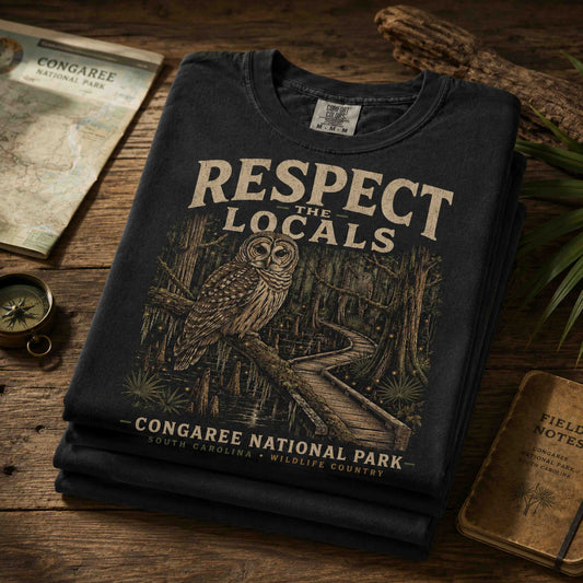 Respect the Locals Congaree National Park barred owl graphic tee flat product view on black fabric
