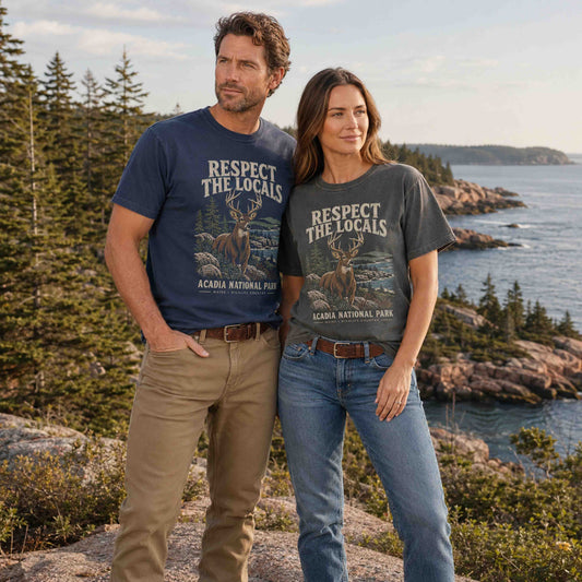 Respect the Locals Acadia National Park deer graphic tee flat product view with vintage Maine wildlife design