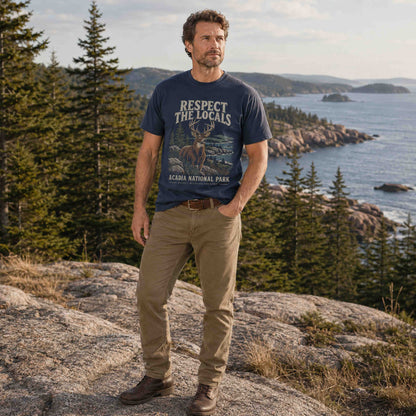 Couple wearing Respect the Locals Acadia National Park deer graphic tees in a scenic Maine coastal landscape
