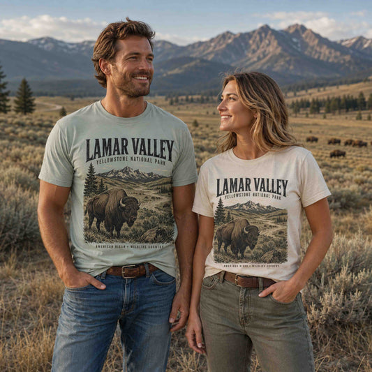 Bay Lamar Valley Yellowstone National Park bison graphic tee on male model