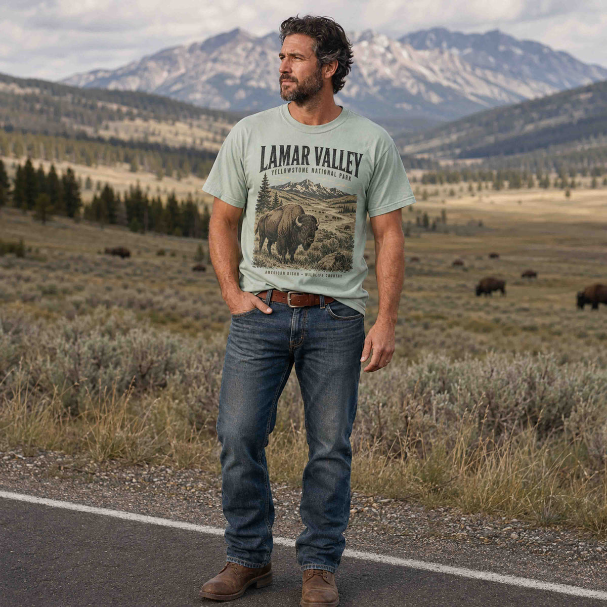 Ivory Lamar Valley Yellowstone National Park bison graphic tee lifestyle photo