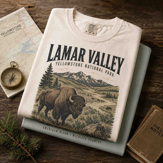 Ivory Lamar Valley Yellowstone National Park bison graphic tee on female model