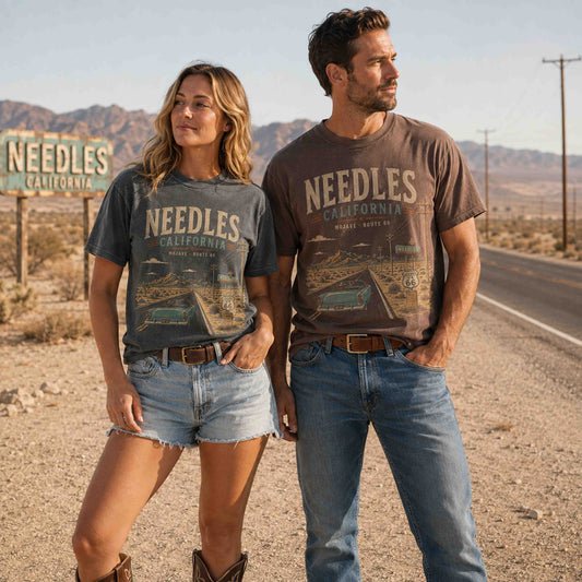 Close-up of Needles California Route 66 Desert Adventure graphic tee artwork on a garment-dyed shirt.