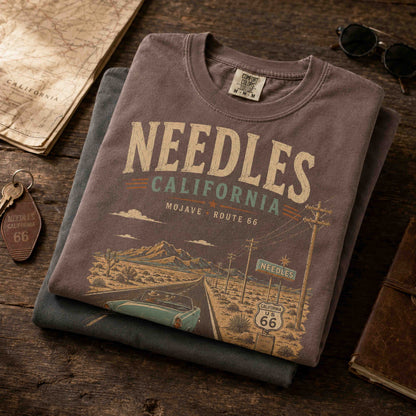 Male model wearing Needles California Route 66 Desert Adventure graphic tee outdoors in the Mojave Desert.