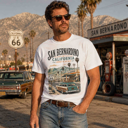 Couple wearing San Bernardino California Route 66 graphic tees outside a vintage roadside storefront