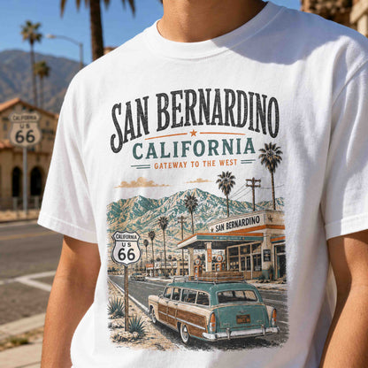 Close-up of white San Bernardino California Route 66 graphic tee showing vintage car and desert artwork