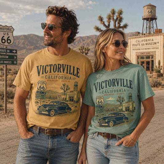 Female model wearing Victorville California Route 66 Desert Adventure graphic tee in Victorville, California.