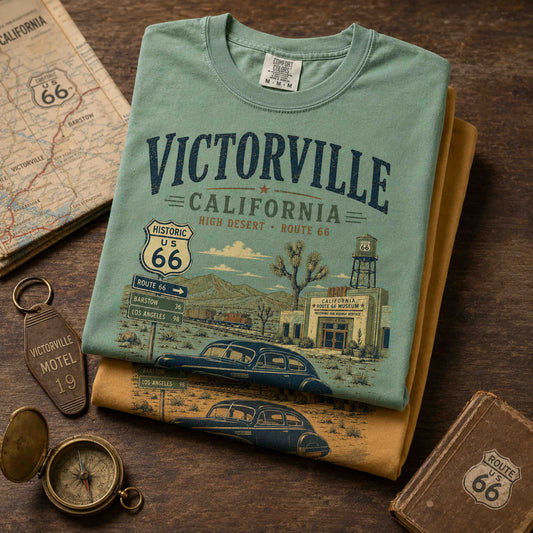 Folded Victorville California Route 66 Desert Adventure graphic tee showing the vintage Route 66 artwork.