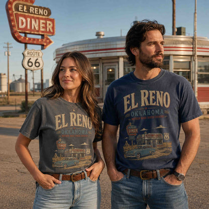 Male model wearing an El Reno Oklahoma Route 66 graphic tee in a historic roadside setting.