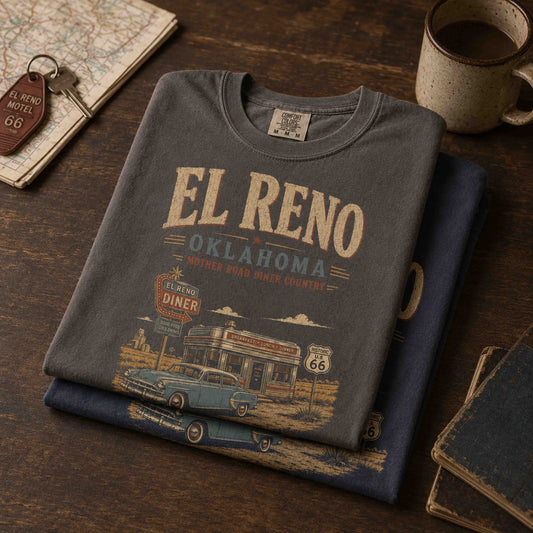 Female model wearing an El Reno Oklahoma Route 66 graphic tee near a vintage diner.