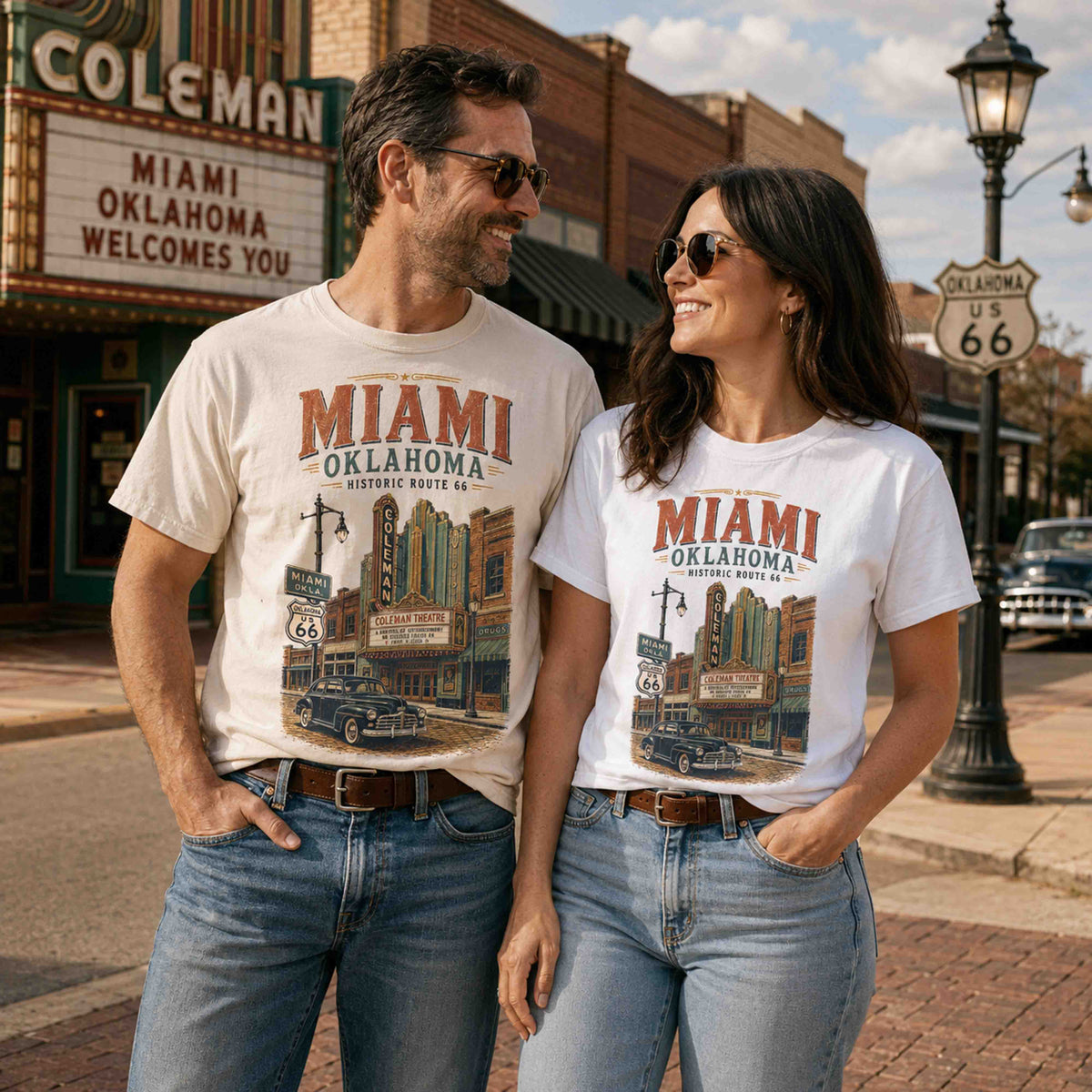 Female model wearing a Miami Oklahoma Route 66 graphic tee in a vintage downtown setting.