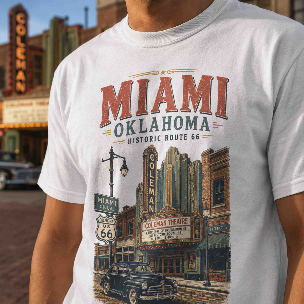 Close-up of Miami Oklahoma Route 66 Historic Downtown graphic tee artwork and garment texture.