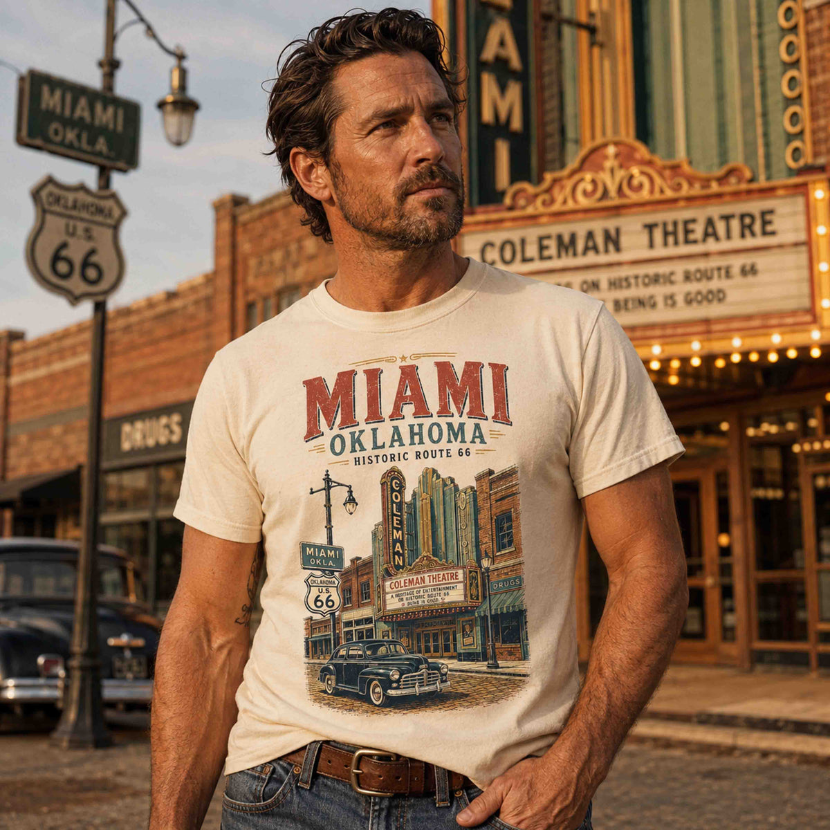 Miami Oklahoma Route 66 graphic tee editorial lifestyle photo with classic roadside Americana scenery.