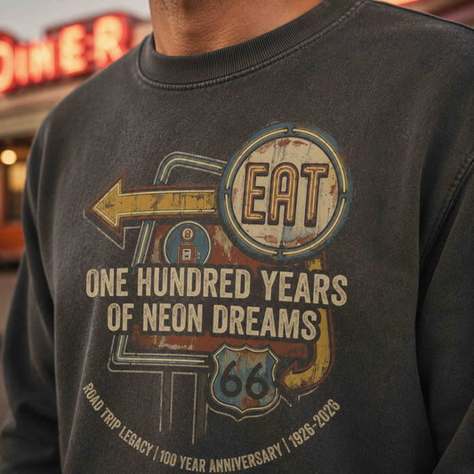 Close-up of Pepper Route 66 Neon Dreams Centennial graphic sweatshirt