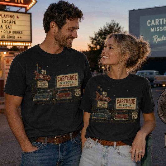Carthage Missouri Route 66 Historic Drive-In graphic tee worn by a couple in a vintage roadside setting